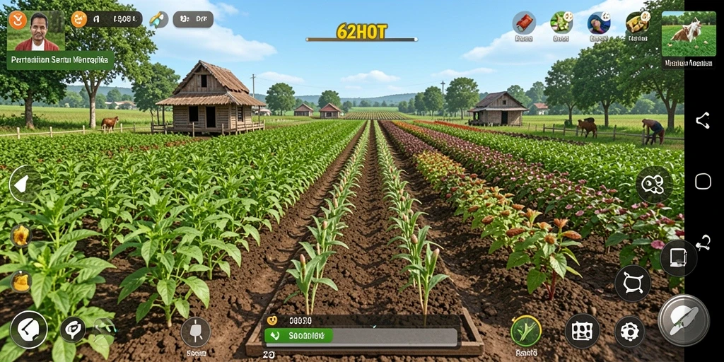 Screenshot gameplay 62HOT menampilkan kebun yang subur dan hewan ternak.