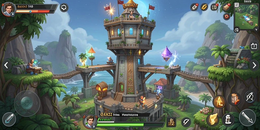 Tampilan gameplay BARA22 yang menampilkan menara dan musuh