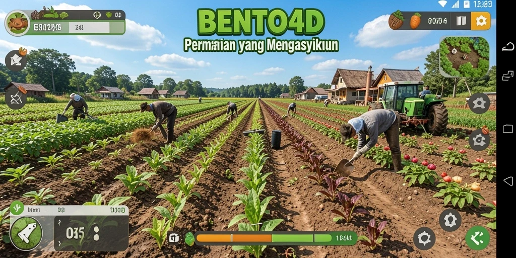 Tampilan gameplay BENTO4D yang menarik dan penuh warna di lahan pertanian.