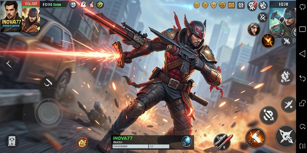 Screenshot INOVA77 menampilkan aksi pertempuran yang mendebarkan.