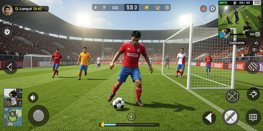Screenshot gameplay SINTE4D yang menampilkan aksi seru pertandingan sepak bola.