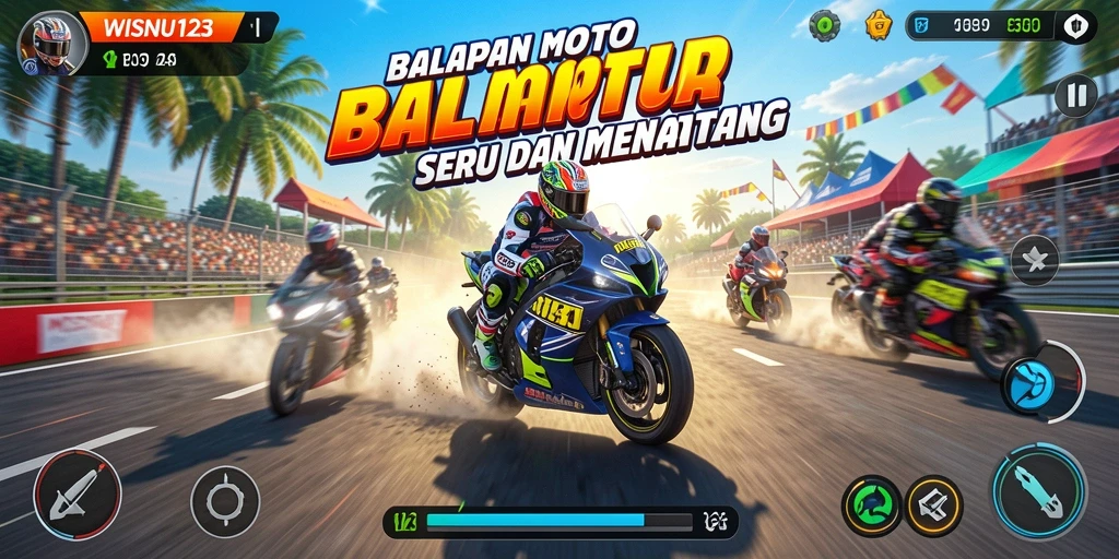 Gameplay WISNU123 menampilkan aksi balapan motor yang mendebarkan.